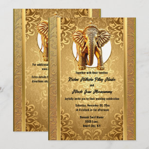 Invitation Indien mariage or noir éléphants damassé asien