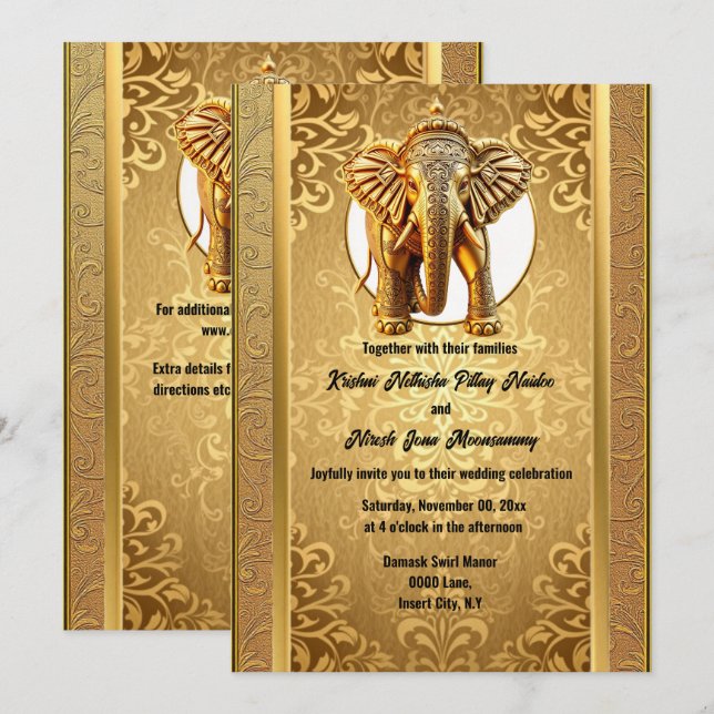 Invitation Indien mariage or noir éléphants damassé asien (Devant / Derrière)
