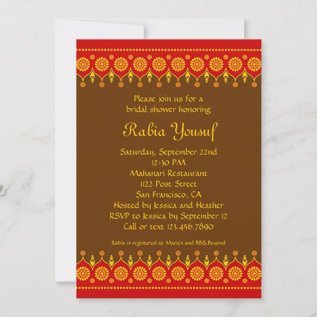Invitation indienne de Fête de la mariée de style (Devant)
