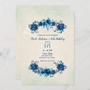 Invitation Indigo Blue Beige Aquarelle Fleurs Anniversaire