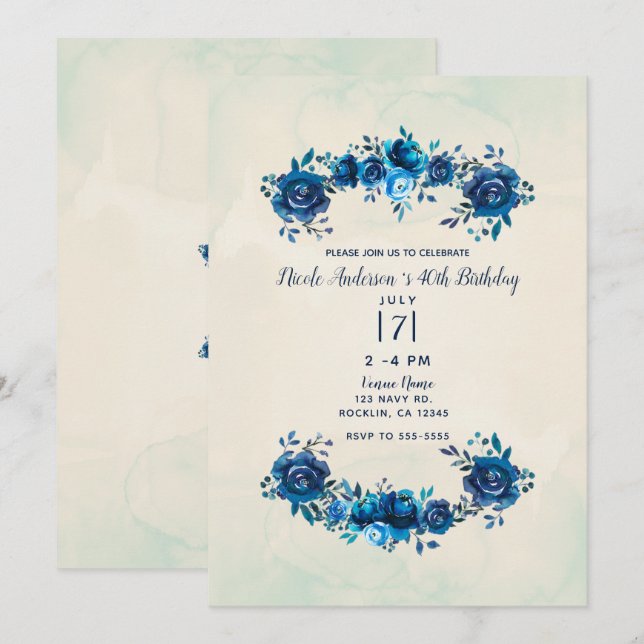 Invitation Indigo Blue Beige Aquarelle Fleurs Anniversaire (Devant / Derrière)