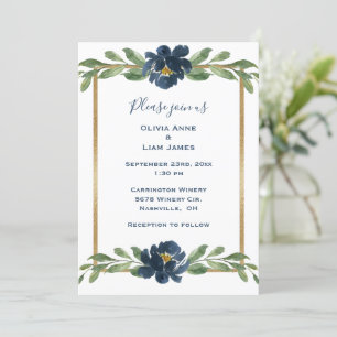 Invitation Indigo Blue Floral Elegant Mariage or