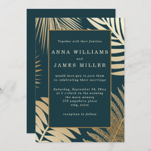 Invitation Indigo Green Gold Tropical Palm Feuille Mariage