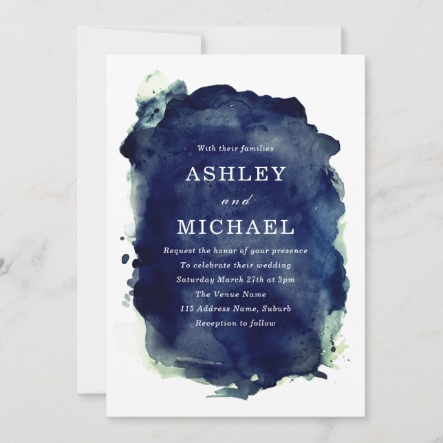 Invitation Indigo Midnight Blue Paint Splash & White Mariage (Devant)