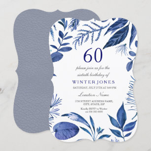 Invitation Indigo Navy Blue Leaf Floral 60e anniversaire Invi