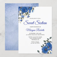 Indigo Navy Midnight Blue Flowers Sweet 16 Invitat