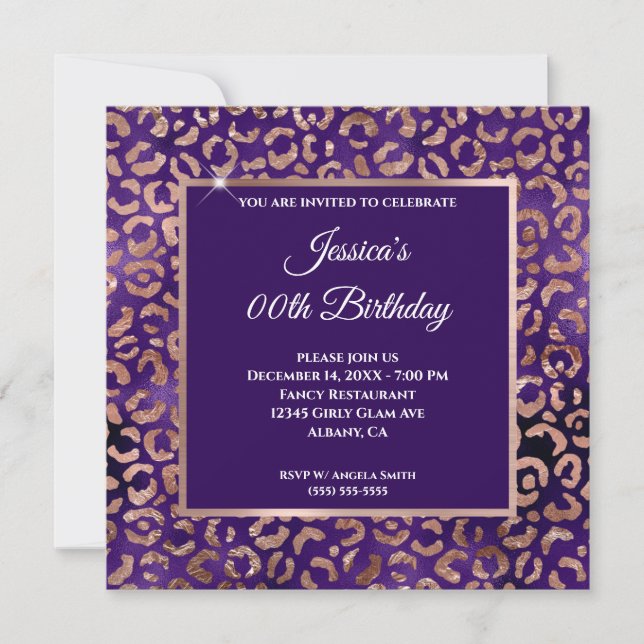 Invitation Indigo Purple et Rose Gold Leopard Foil anniversai (Devant)