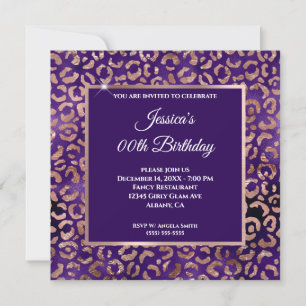 Invitation Indigo Violet et Rose Gold Léopard Feuille d'Or An
