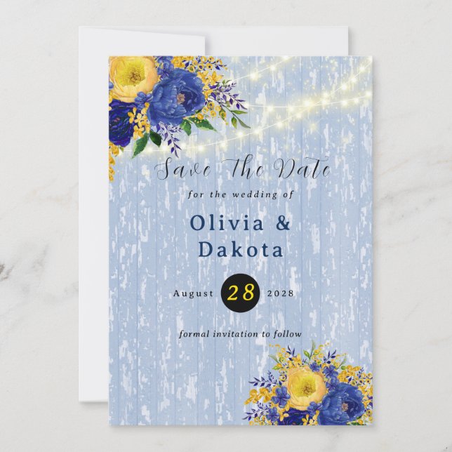Invitation Indigo Yellow Peony Wood Lights Enregistrer La Car (Devant)