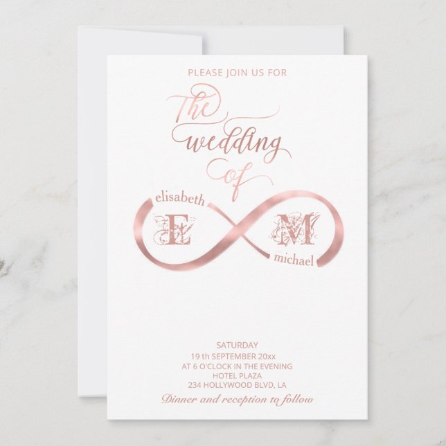 Invitation Infini or rose monogramme calligraphie romantique (Devant)
