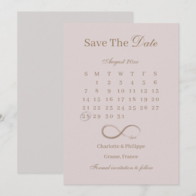 Invitation Infinity Dusty Rose Calendrier Enregistrer La Date (Devant / Derrière)