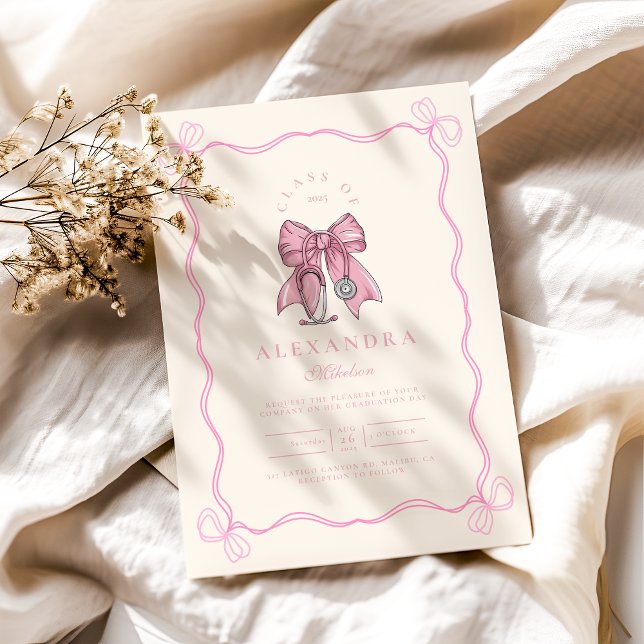 Invitation Infirmière Coquette Pink Bow Élégante graduation (Créateur téléchargé)