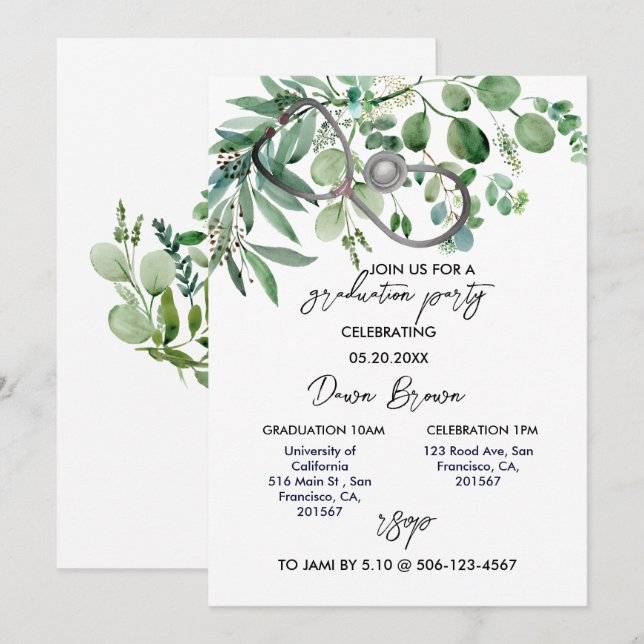 Invitation Infirmière de la fête de graduation Eucalyptus ver (Devant / Derrière)