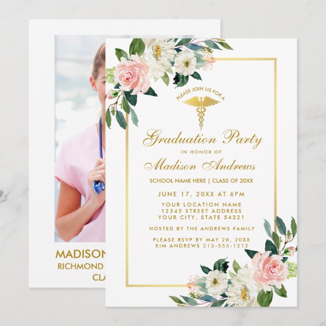 Invitation Infirmière de la fête de graduation or rose Invita (Devant / Derrière)