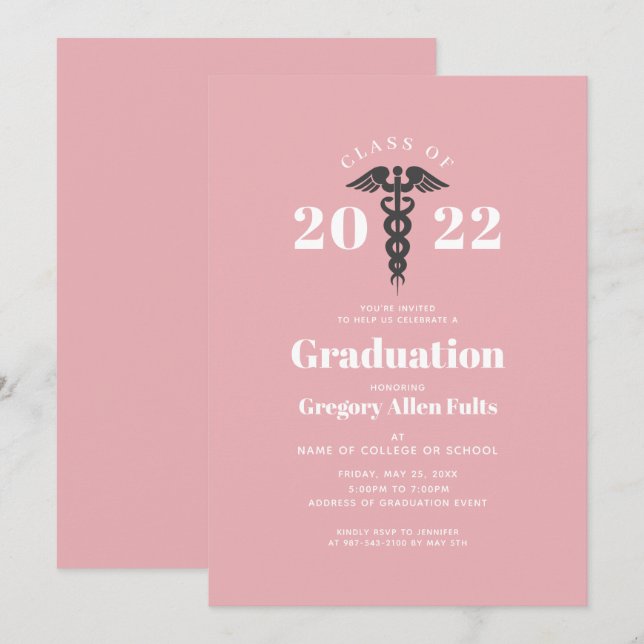 Invitation Infirmière diplômée 2022 Blush Pink Caduceus (Devant / Derrière)