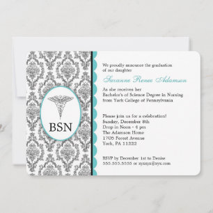 Invitation Infirmière diplômée BSN RN noir turquoise damas