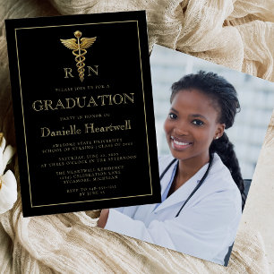 Invitation Infirmière en or noir RN Photo Fête de fin d'étude