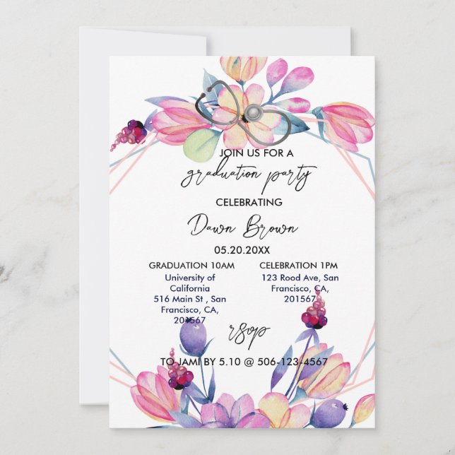 Invitation Infirmière Graduation Party Aquarelle Floral Cotta (Devant)