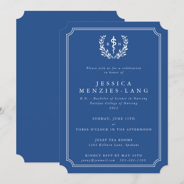 Invitation Infirmière inscrite en bleu/blanc Asclepius Gradua (Devant / Derrière)