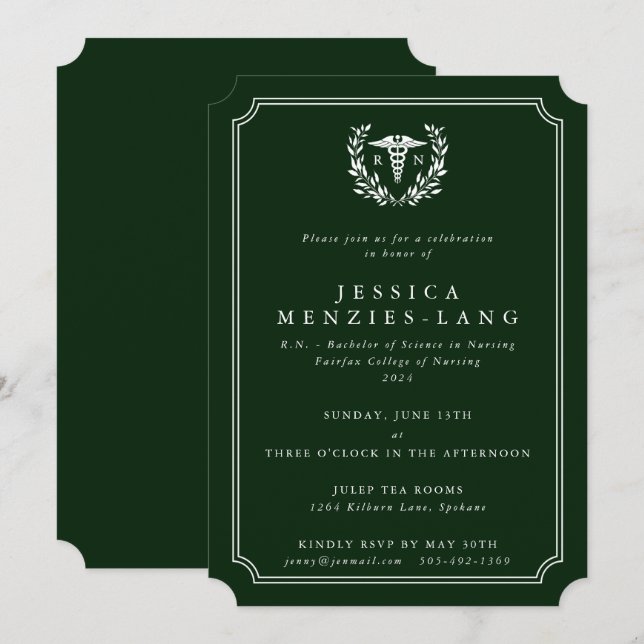 Invitation Infirmière inscrite en vert foncé Caduceus+Laurel  (Devant / Derrière)