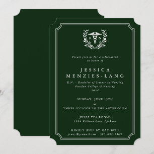 Invitation Infirmière inscrite en vert foncé Caduceus+Laurel 