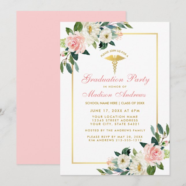 Invitation Infirmière Parti de graduation rose Floral or Invi (Devant / Derrière)