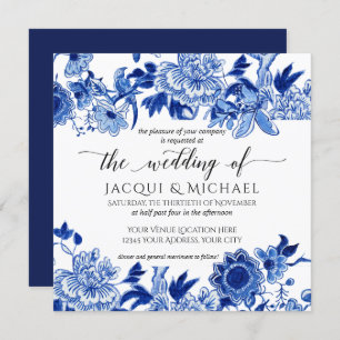 Invitation Influence asiatique Bleu Blanc Floral Mariage