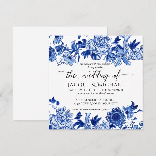 Invitation Influence asiatique Bleu Blanc Floral Mariage Artw (Devant / Derrière)