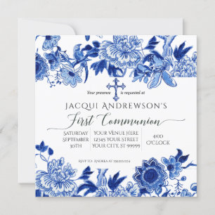 Invitation Influence asiatique Bleu Blanc Floral Première Com