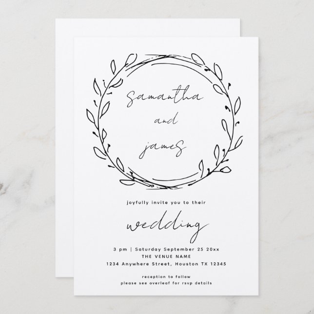 Invitation Informel Laurel Leaf Line Art QR Code Mariage (Devant / Derrière)