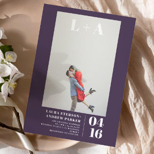 Invitation Initiale minimaliste violet moderne mariage photo