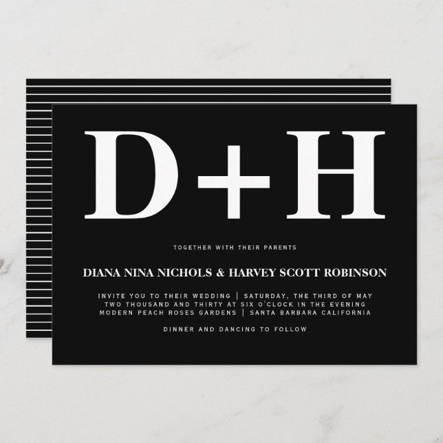 Invitation Initiales blanches typographie en gras mariage noi (Devant / Derrière)