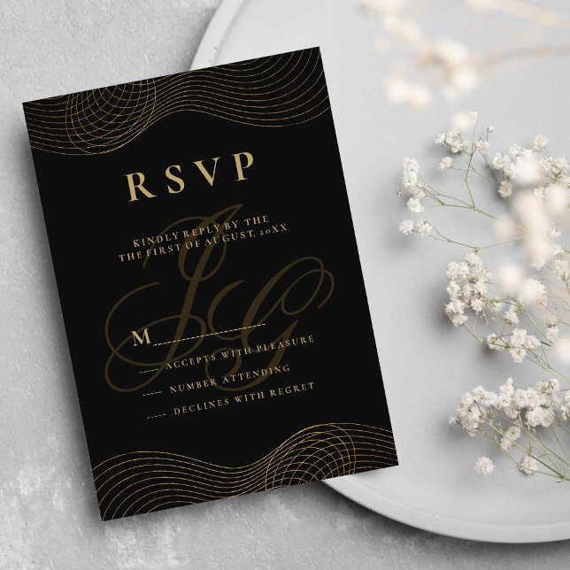 Invitation Initiales de monogramme géométrique en or noir RSV (Geometric black gold monogram initials RSVP)