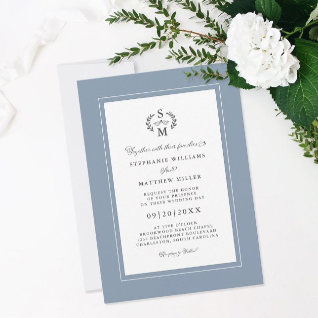 Invitation Initiales élégantes en calligraphie couleur bleu p (Elegant Dusty Blue Initials Calligraphy Wedding Invitation)