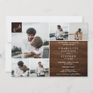 Invitation Initiales en bois brun rustique 6 photos mariage