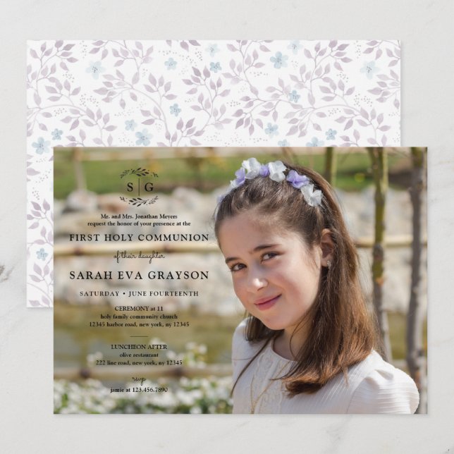 Invitation Initiales en fer - Première communion sainte foncé (Devant / Derrière)