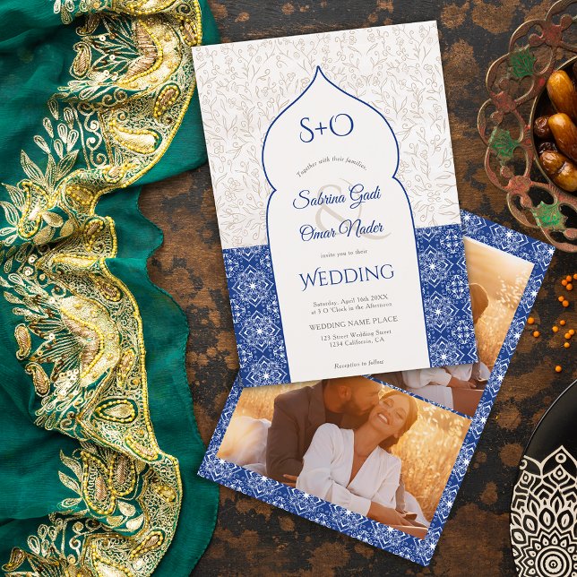Invitation Initiales florales bleues marocaines 3 mariage pho (Créateur téléchargé)