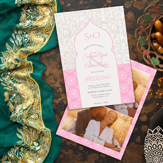 Invitation Initiales florales marocaines roses 3 mariage phot (Créateur téléchargé)