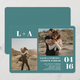 Invitation Initiales minimalistes sarcelle foncé 2 photos mar