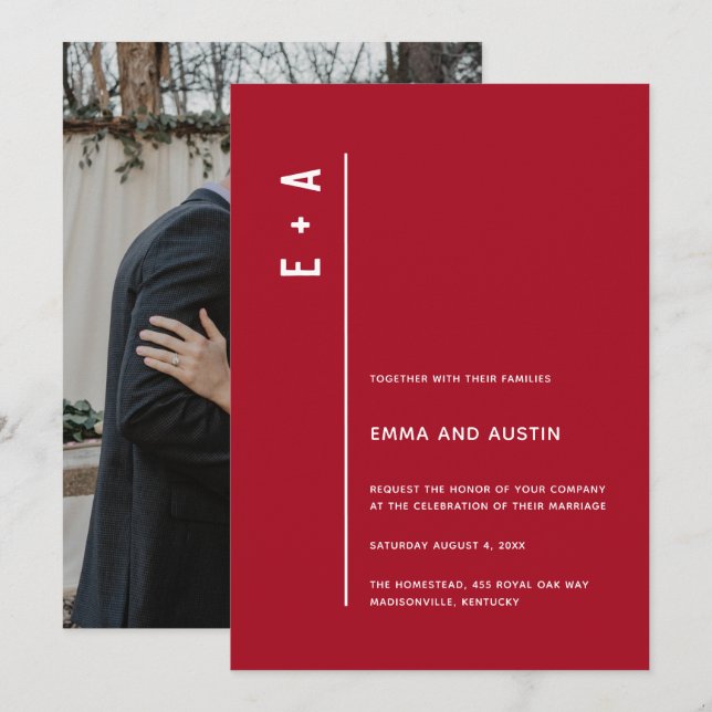 Invitation Initiales minimes modernes Mariage rouge gras (Devant / Derrière)