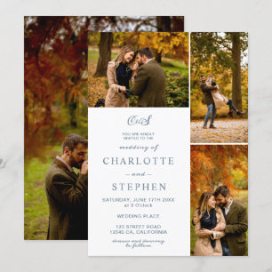 Invitation Initiales modernes 4 photos grille bleu poussiéreu