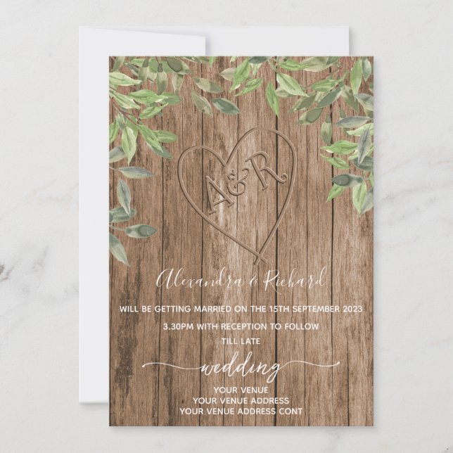 Invitation Initiales monogramme bois effet sculpté arbre invi (Devant)