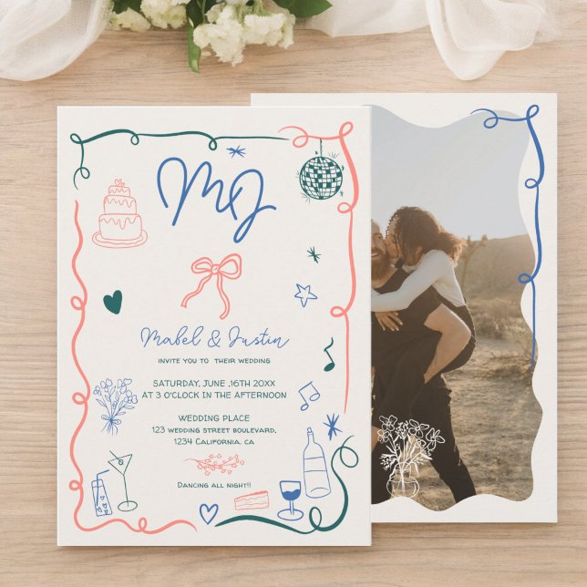 Invitation Initiales rétrospectives dessinées à la main maria (Retro initials handdrawn illustrated photo wedding invitation)