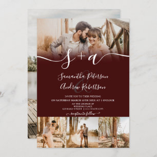 Invitation Initiales rouges modernes script 5 photos mariage
