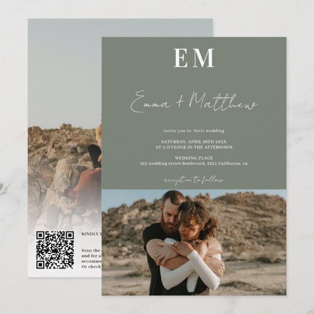 Invitation Initiales sauge vert simple 2 photos qr mariage (Devant / Derrière)