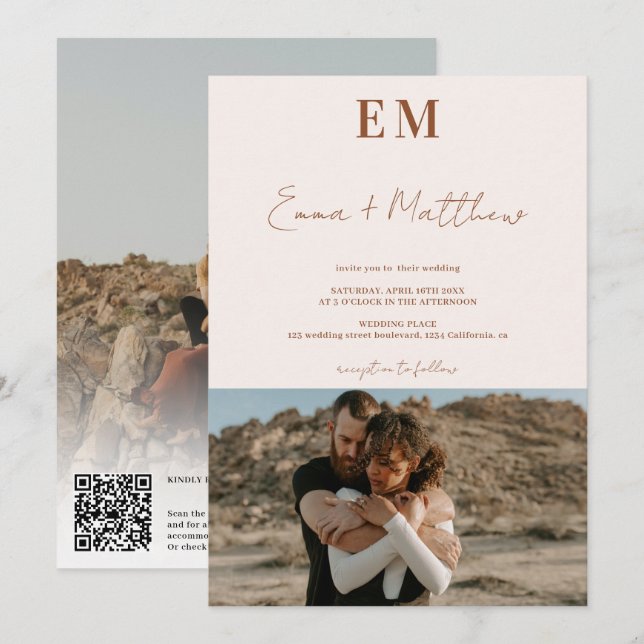 Invitation Initiales terre cuite beige 2 photos qr mariage (Devant / Derrière)