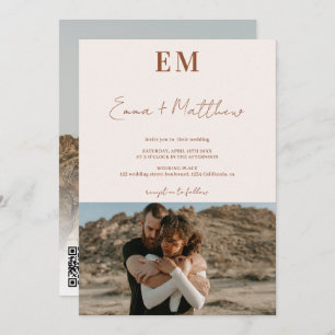 Invitation Initiales terre cuite beige 2 photos qr mariage