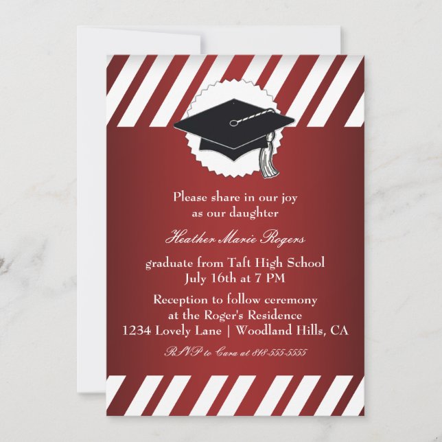 Invitation Inivitation d'un diplôme en rouge blanc rayé (Devant)