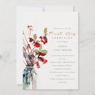 Invitation Inky Red Green Vintage Floral First Holy Communion