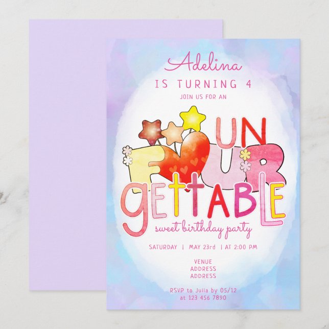 Invitation Inoubliable Sweet Heart Girl 4e fête d'anniversair (Devant / Derrière)